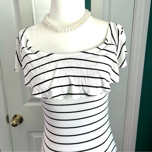 Express Bodysuit, White w/black pinstripes Small - Picture 1 of 3
